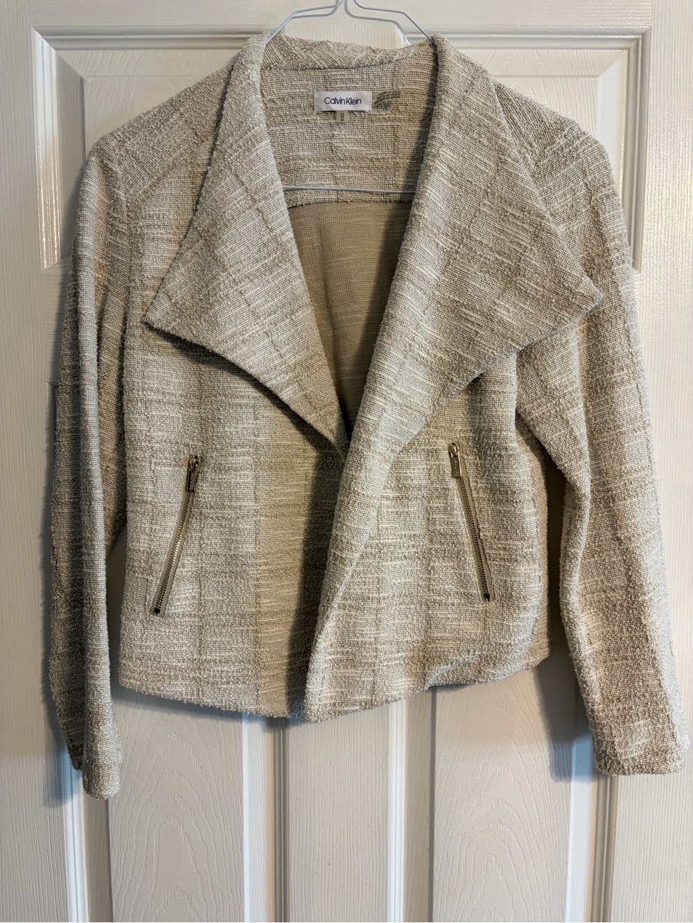 Calvin Klein Cream Tweed Moto Jacket Size M Neutral Gold Zip Lapel Blazer Coat